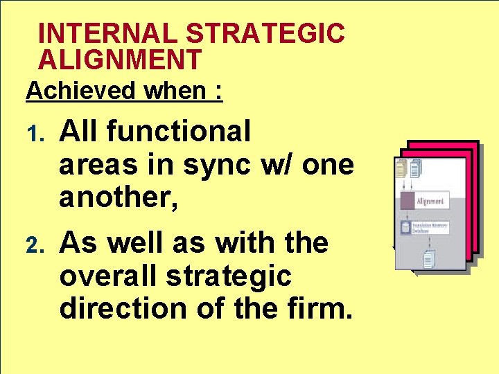 INTERNAL STRATEGIC ALIGNMENT Achieved when : 1. 2. All functional areas in sync w/