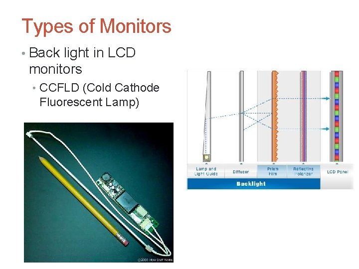 Types of Monitors • Back light in LCD monitors • CCFLD (Cold Cathode Fluorescent