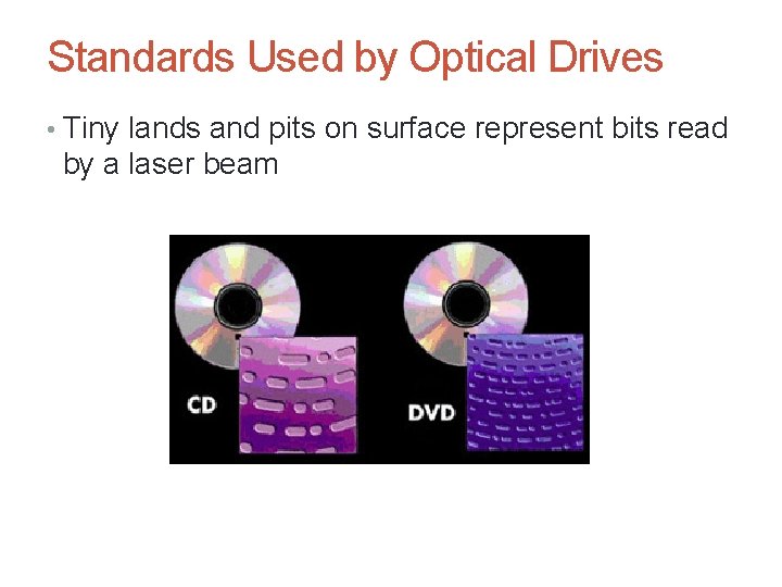 Standards Used by Optical Drives • Tiny lands and pits on surface represent bits