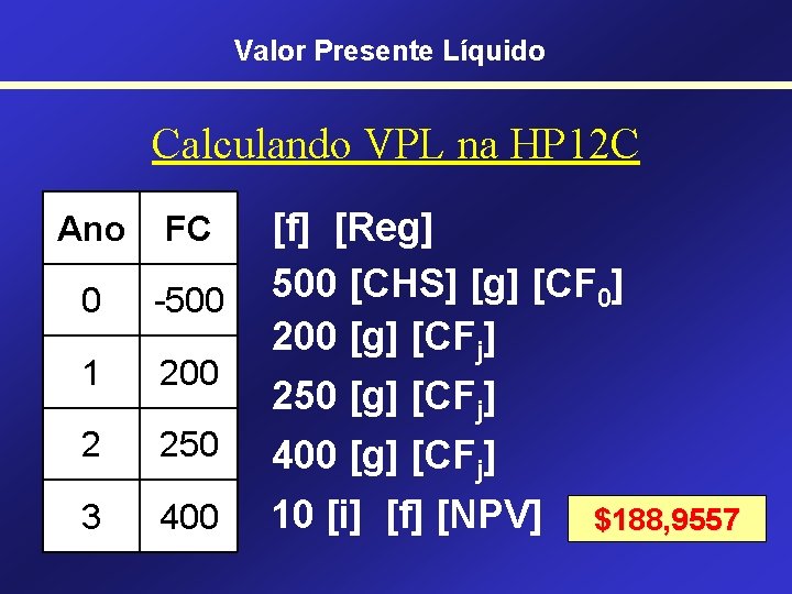 Valor Presente Líquido Calculando VPL na HP 12 C Ano FC 0 -500 1