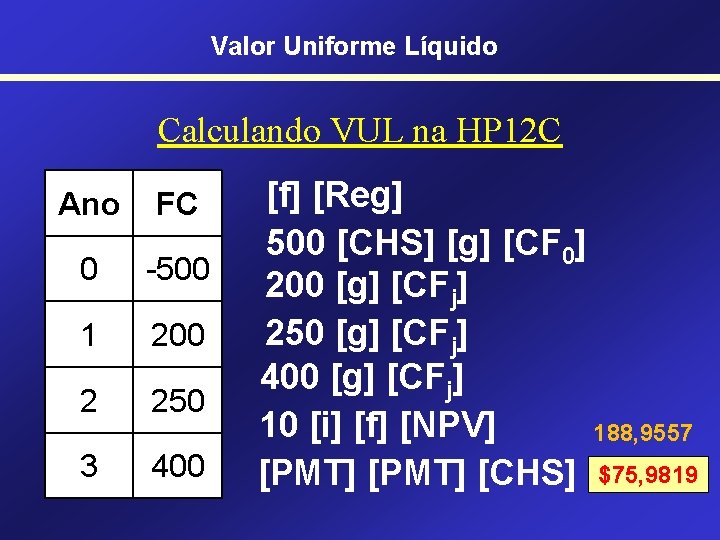 Valor Uniforme Líquido Calculando VUL na HP 12 C Ano FC 0 -500 1