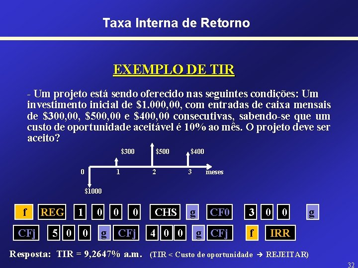 Taxa Interna de Retorno EXEMPLO DE TIR - Um projeto está sendo oferecido nas