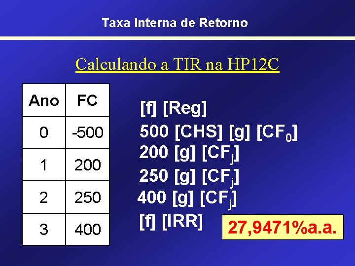 Taxa Interna de Retorno Calculando a TIR na HP 12 C Ano FC 0