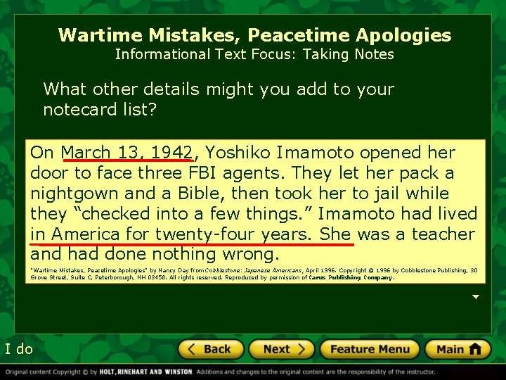 Wartime Mistakes, Peacetime Apologies Informational Text Focus: Taking Notes What other details might you