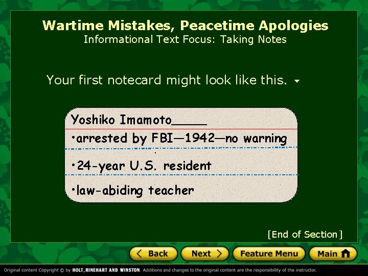 Wartime Mistakes, Peacetime Apologies Informational Text Focus: Taking Notes Your first notecard might look