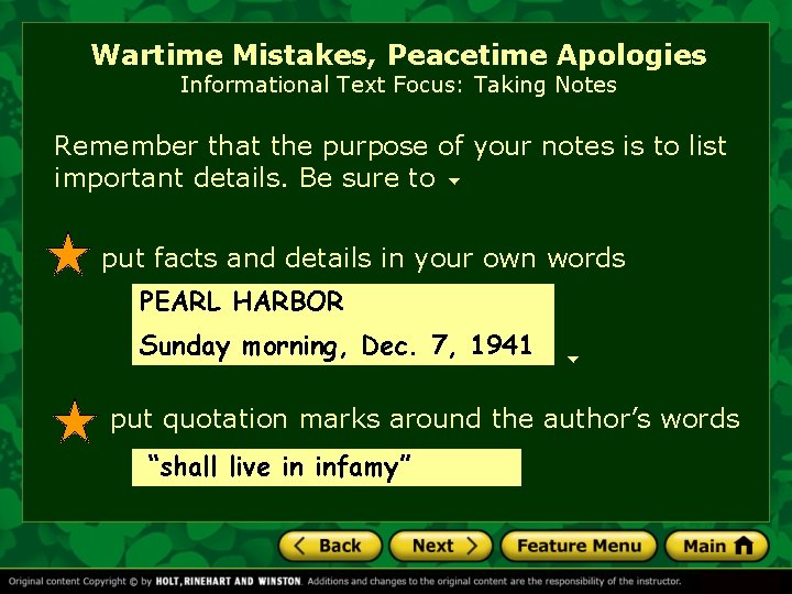 Wartime Mistakes, Peacetime Apologies Informational Text Focus: Taking Notes Remember that the purpose of