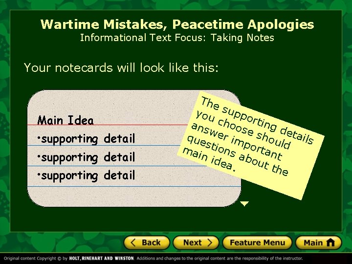 Wartime Mistakes, Peacetime Apologies Informational Text Focus: Taking Notes Your notecards will look like