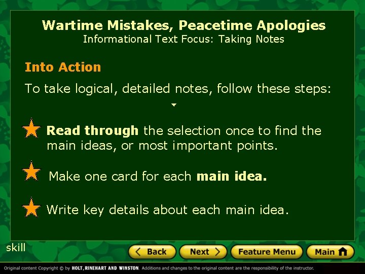 Wartime Mistakes, Peacetime Apologies Informational Text Focus: Taking Notes Into Action To take logical,