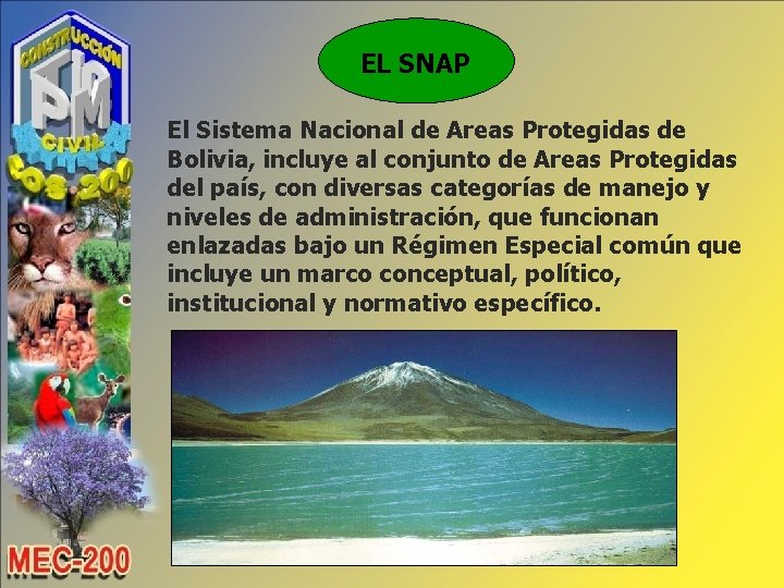 EL SNAP El Sistema Nacional de Areas Protegidas de Bolivia, incluye al conjunto de