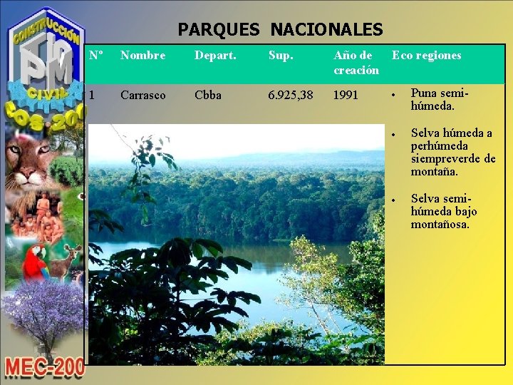 PARQUES NACIONALES Nº Nombre Depart. Sup. Año de Eco regiones creación 1 Carrasco Cbba