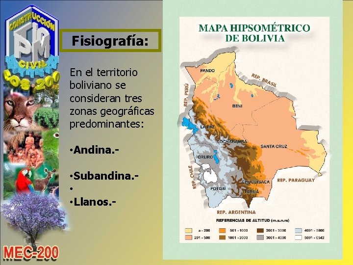 Fisiografía: En el territorio boliviano se consideran tres zonas geográficas predominantes: • Andina. -