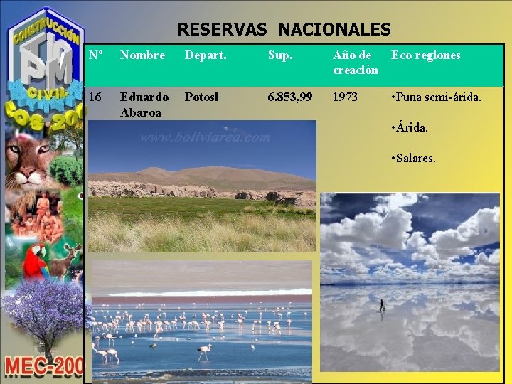 RESERVAS NACIONALES Nº Nombre Depart. Sup. Año de Eco regiones creación 16 Eduardo Abaroa