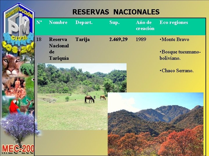 RESERVAS NACIONALES Nº Nombre Depart. Sup. Año de Eco regiones creación 18 Reserva Nacional