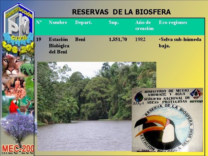 RESERVAS DE LA BIOSFERA Nº Nombre Depart. Sup. Año de Eco regiones creación 19