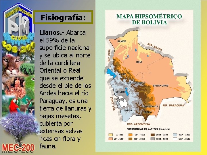 Fisiografía: Llanos. - Abarca el 59% de la superficie nacional y se ubica al