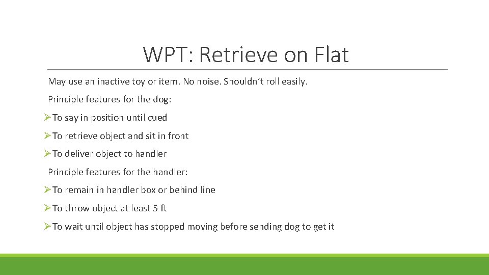 WPT: Retrieve on Flat May use an inactive toy or item. No noise. Shouldn’t