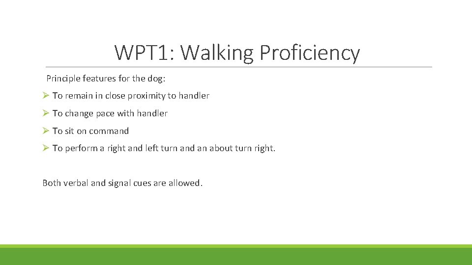 WPT 1: Walking Proficiency Principle features for the dog: Ø To remain in close