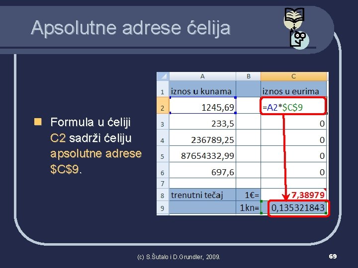 Apsolutne adrese ćelija n Formula u ćeliji C 2 sadrži ćeliju apsolutne adrese $C$9.