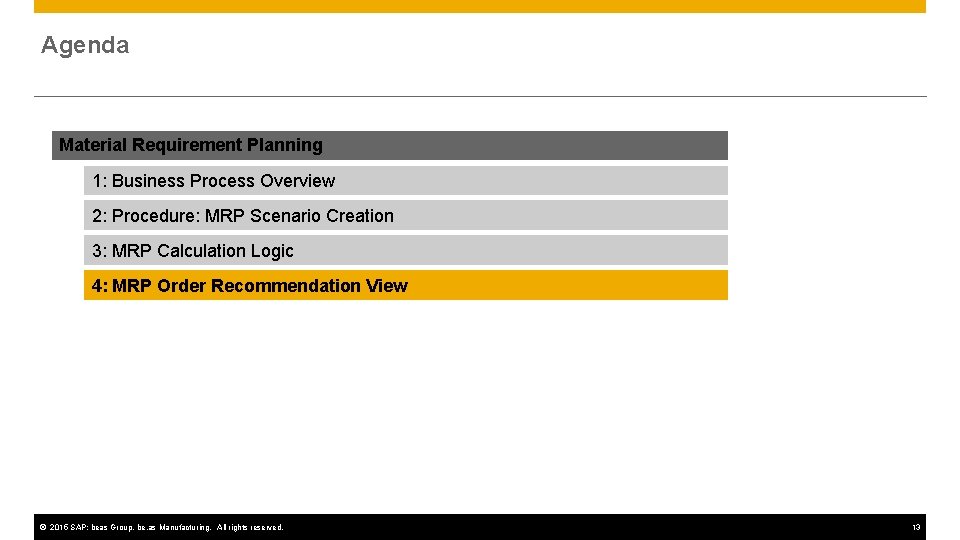 Agenda Material Requirement Planning 1: Business Process Overview 2: Procedure: MRP Scenario Creation 3: