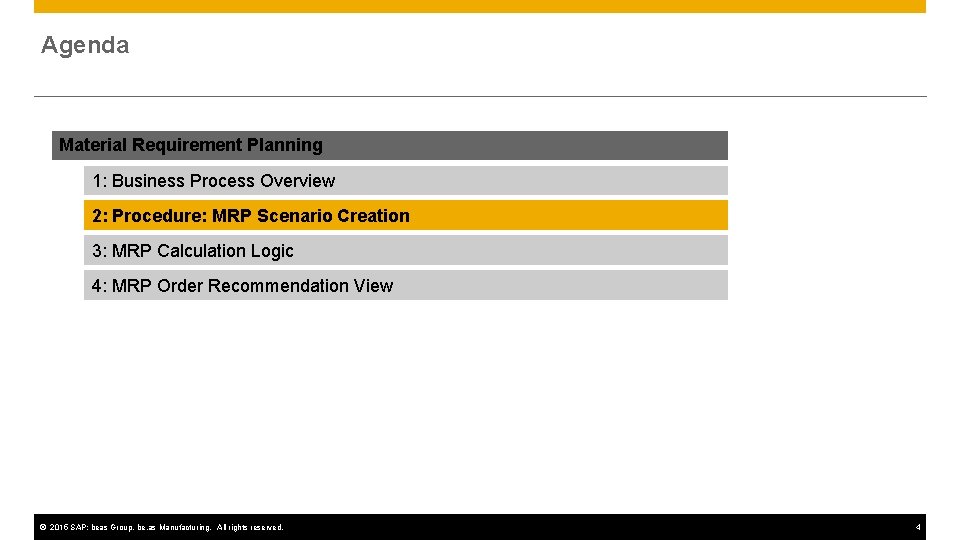 Agenda Material Requirement Planning 1: Business Process Overview 2: Procedure: MRP Scenario Creation 3: