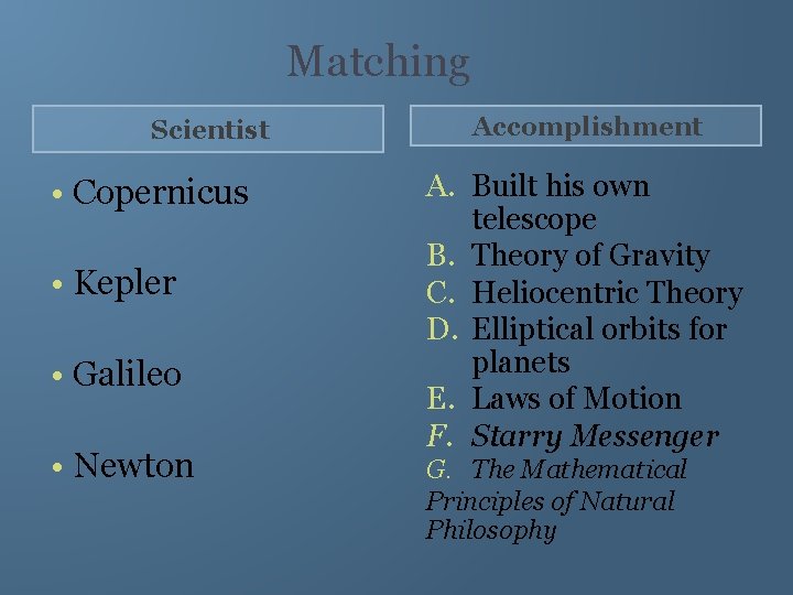 Matching Scientist • Copernicus • Kepler • Galileo • Newton Accomplishment A. Built his