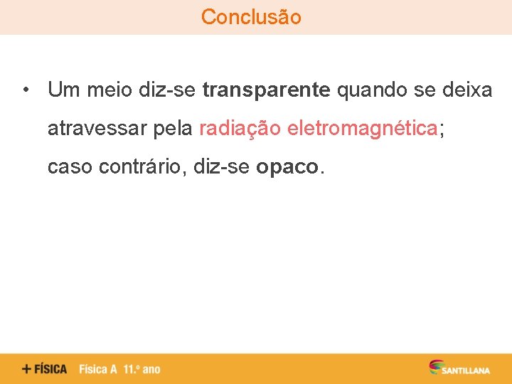 Conclusão • Um meio diz-se transparente quando se deixa atravessar pela radiação eletromagnética; caso