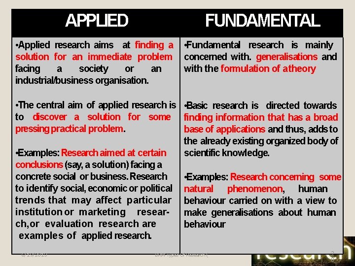APPLIED FUNDAMENTAL • Applied research aims at finding a solution for an immediate problem