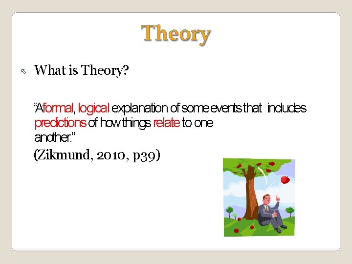  What is Theory? “Aformal, logical explanation of someevents that includes predictions of how