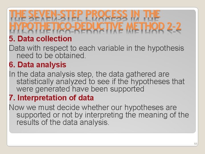 THE SEVEN-STEP PROCESS IN THE HYPOTHETICO-DEDUCTIVE METHOD 2 -2 5. Data collection Data with