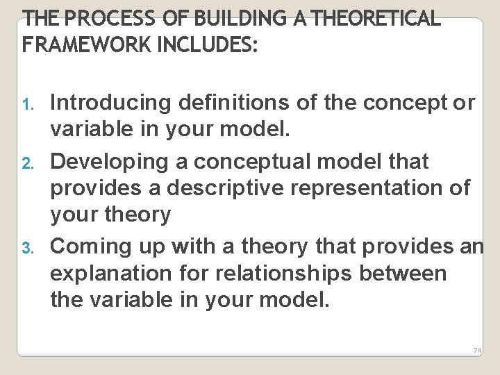 THE PROCESS OF BUILDING A THEORETICAL FRAMEWORK INCLUDES: 1. 2. 3. Introducing definitions of