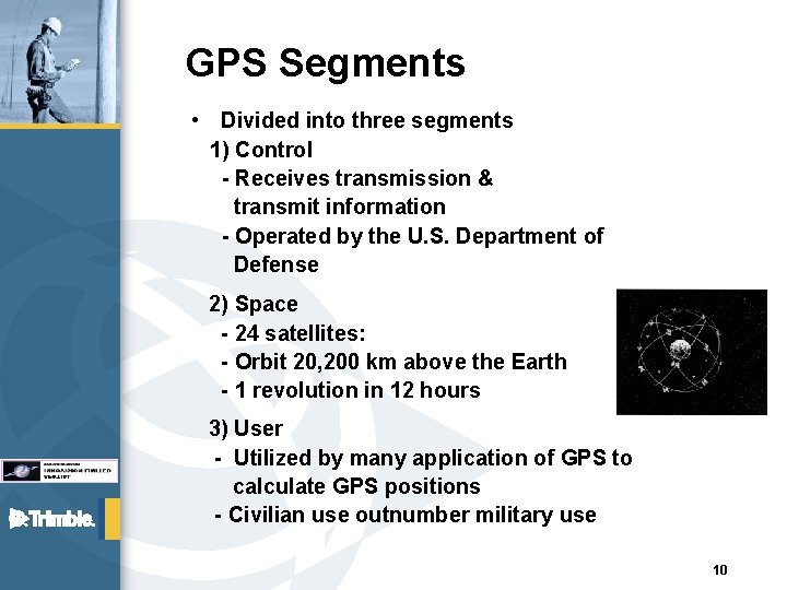 GPS Segments • Divided into three segments 1) Control - Receives transmission & transmit