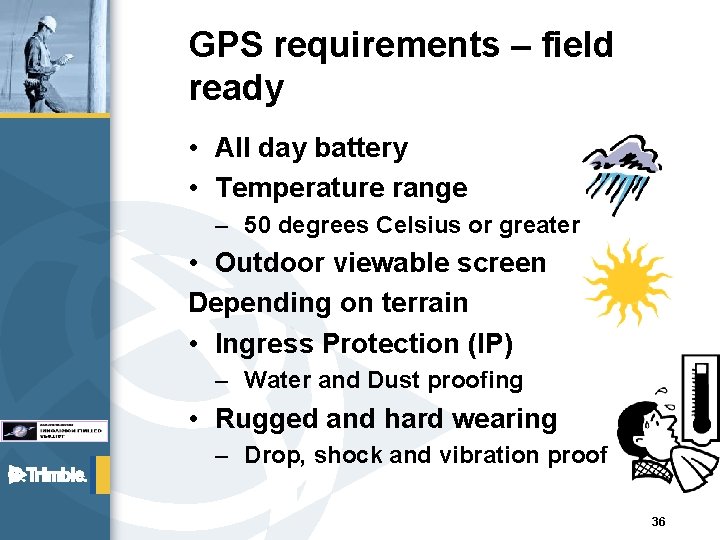 GPS requirements – field ready • All day battery • Temperature range – 50