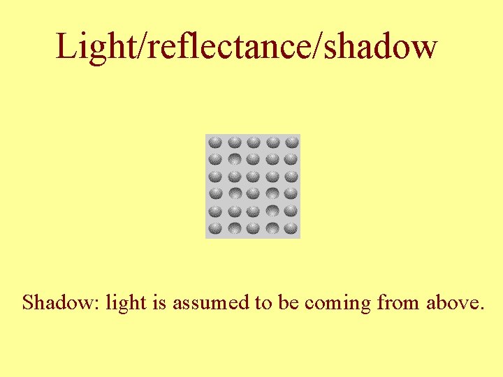 Light/reflectance/shadow Shadow: light is assumed to be coming from above. 