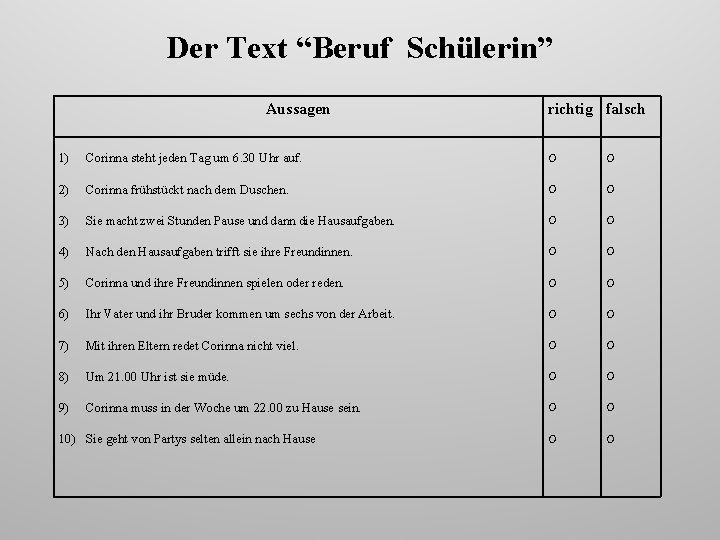 Der Text “Beruf Schülerin” Aussagen richtig falsch 1) Corinna steht jeden Tag um 6.