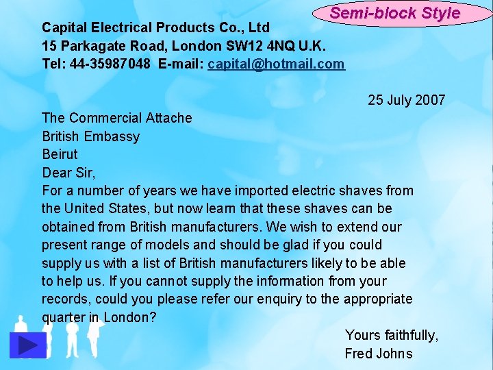 Semi-block Style Capital Electrical Products Co. , Ltd 15 Parkagate Road, London SW 12