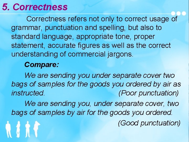 5. Correctness refers not only to correct usage of grammar, punctuation and spelling, but