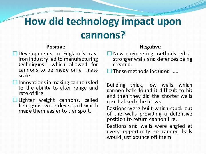 How did technology impact upon cannons? Positive � Developments in England’s cast iron industry