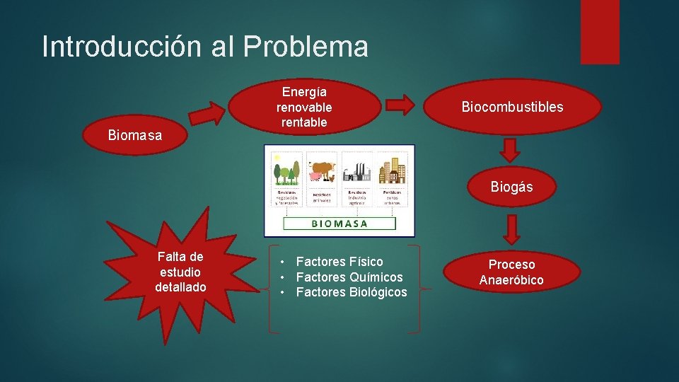 Introducción al Problema Biomasa Energía renovable rentable Biocombustibles Biogás Falta de estudio detallado •