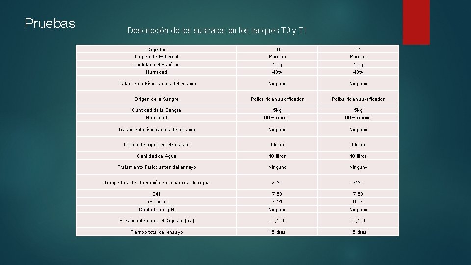 Pruebas Descripción de los sustratos en los tanques T 0 y T 1 Digestor