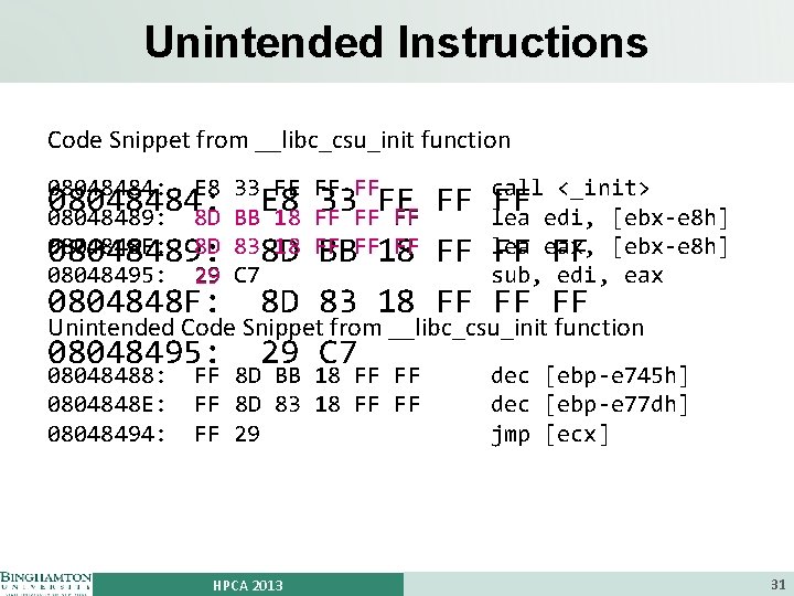 Unintended Instructions Code Snippet from __libc_csu_init function 08048484: E 8 08048484: 08048489: 8 D