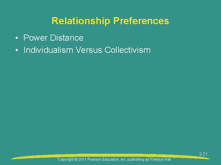 Relationship Preferences • Power Distance • Individualism Versus Collectivism 2 -21 Copyright © 2011