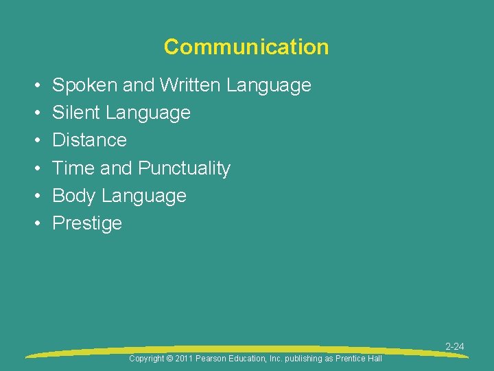 Communication • • • Spoken and Written Language Silent Language Distance Time and Punctuality