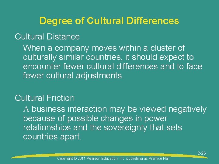 Degree of Cultural Differences Cultural Distance When a company moves within a cluster of