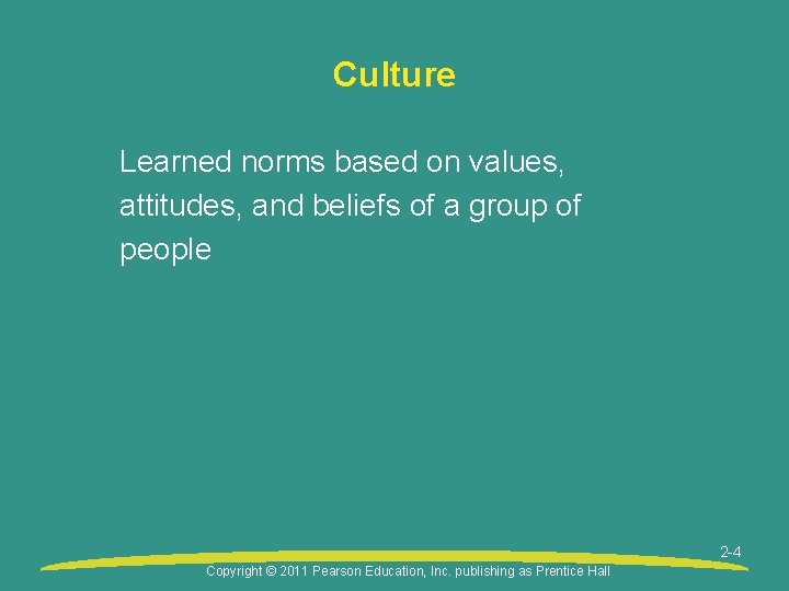 Culture Learned norms based on values, attitudes, and beliefs of a group of people