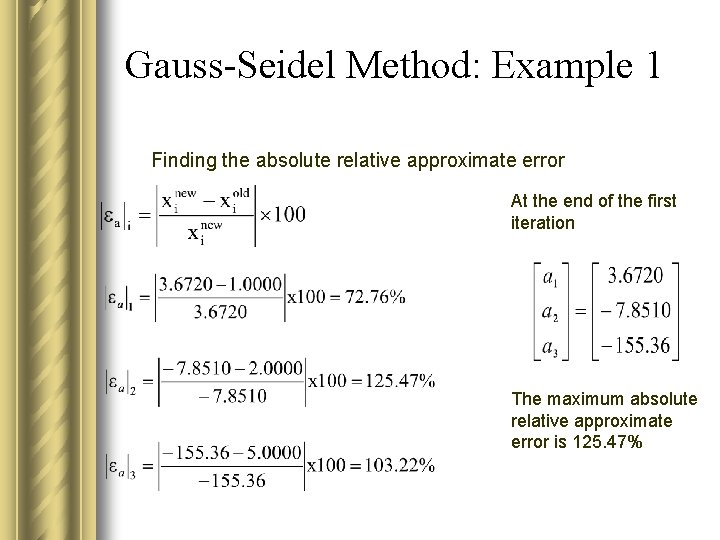 Gauss-Seidel Method: Example 1 Finding the absolute relative approximate error At the end of