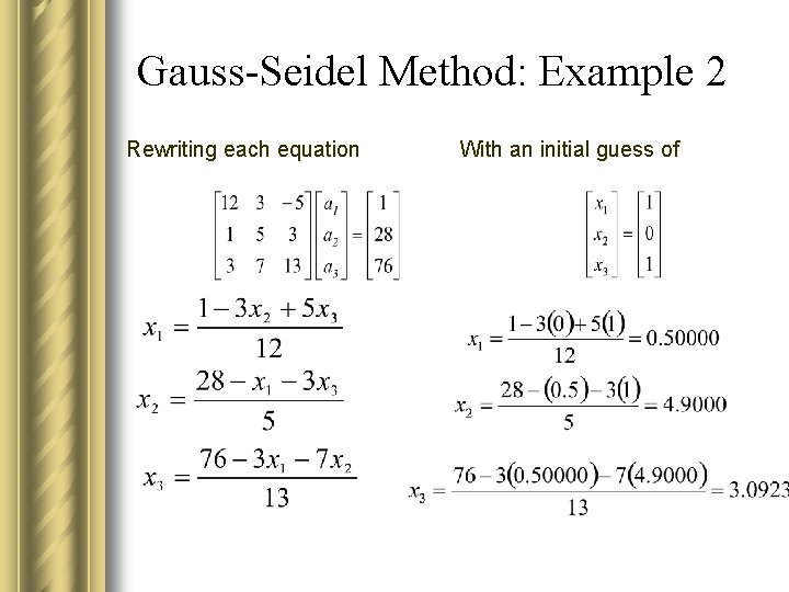 Gauss-Seidel Method: Example 2 Rewriting each equation With an initial guess of 