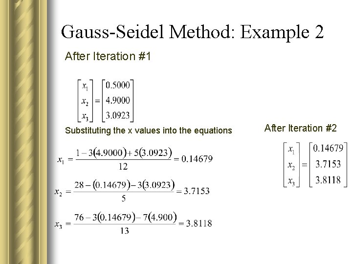 Gauss-Seidel Method: Example 2 After Iteration #1 Substituting the x values into the equations