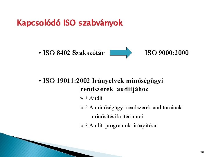 Kapcsolódó ISO szabványok • ISO 8402 Szakszótár ISO 9000: 2000 • ISO 19011: 2002