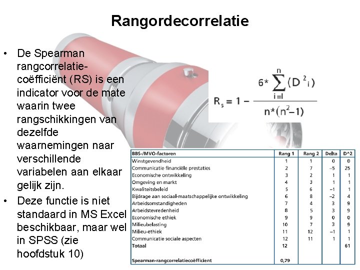Rangordecorrelatie • De Spearman rangcorrelatiecoëfficiënt (RS) is een indicator voor de mate waarin twee