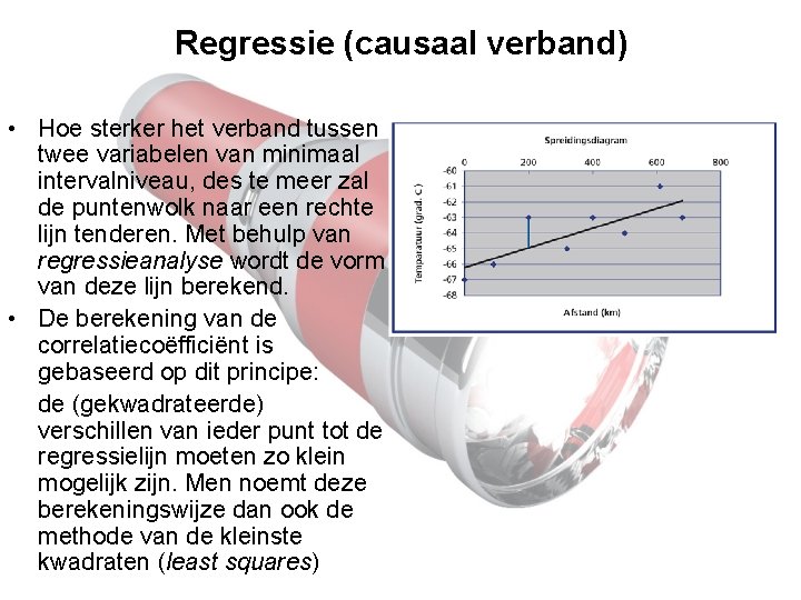Regressie (causaal verband) • Hoe sterker het verband tussen twee variabelen van minimaal intervalniveau,